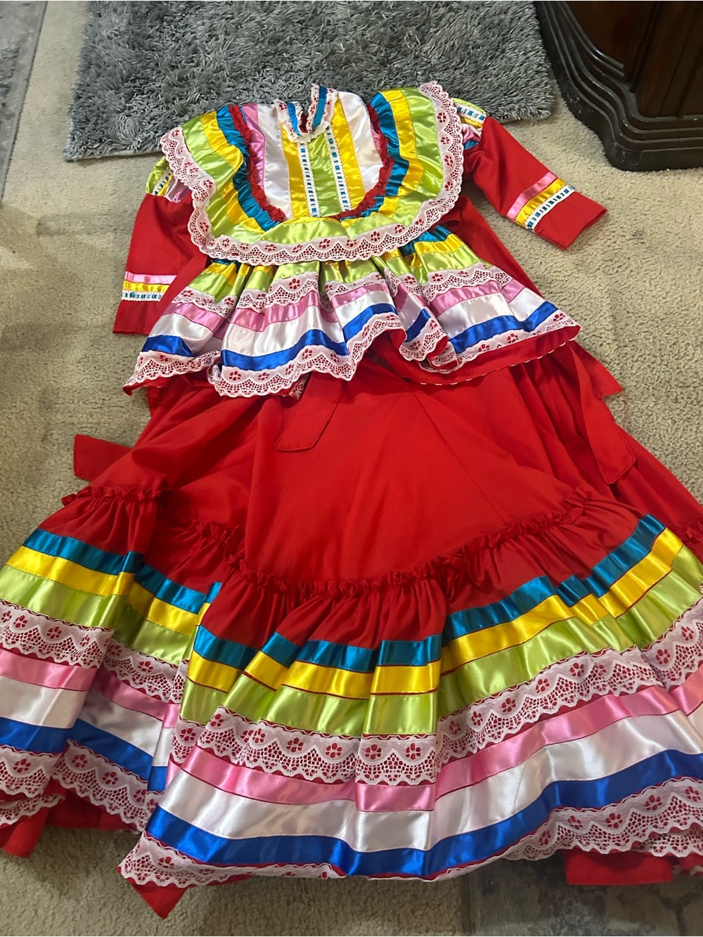 Girls' Red Traditional Jalisco Dress with Multicolor Trim
